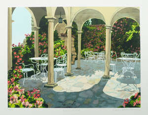 
	
		Ilana Richardson, British, late 20th/early 21st century- Balcony at Eze; screenprint in...