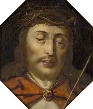 Hispano-Flemish School, 
		 
		17th century- 
		 
		Portrait of Christ as Man of Sorrows; 
		 
		oil on hexagonal panel, 15.5 x 13.5 cm. 
		 
		Prov