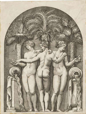 Marco Dente, 
		Italian act.15151527- 
		 
		Speculum Romanae Magnificentiae: The Three Graces, after Marcantonio Raimondi, designed by Raphael;
		 
		e