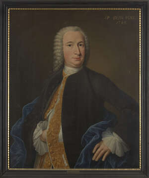 Johann-Philipp Behr, 
		German, fl. 1740-1756- 
		Portrait of Christian Ziegler (1714-1792), half-length,  bewigged wearing an olive velvet jacket over a gol