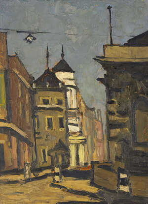 
	
		Sir Kyffin Williams KBA RA,  
		Welsh 1918-2006 
		
		Lower Thames Street, London, 1955;...