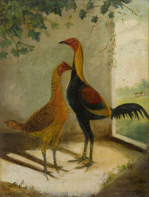 
	
		W. Windred, 
		late 19th century- 
		A pair of fighting cocks in a barn; 
		oil on...