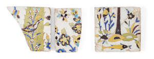 
	
		Three Safavid cuerda seca tiles, Iran, 17th century, underglaze painted in brown, yellow,...