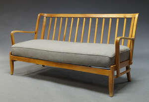
	
		A birch three seater sofa, possibly Danish, c. 1950s, with slatted backrest and curved...