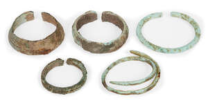 
	
		Five Chinese bronze bracelets, Neolithic period, three with woven decoration, 4cm - 6.5cm...