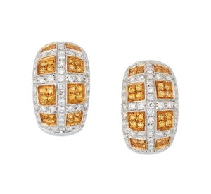 A pair of yellow sapphire and diamond half-hoop earrings, designed as pav&eacute; yellow sapphire set...