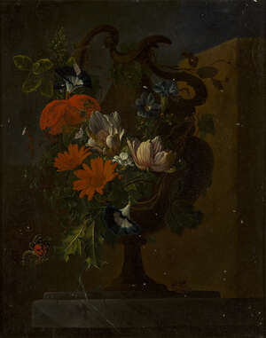 Danish School, 
early 19th century- 
 
Flowers in an urn with a butterfly; 
 
oil on canvas,...