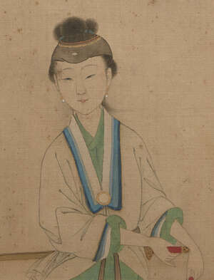
	
		A Chinese painting on silk, late 19th century, depicting a seated lady holding a sword,...