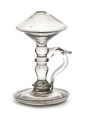 
	
		An glass lace makers oil lamp, 18th century, with knopped and baluster stem and curling...