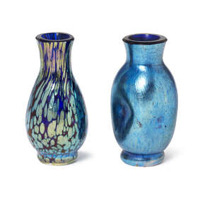 
	
		Loetz, two miniature iridescent glass vases
		c.1900
		One blue glass with Papillon...