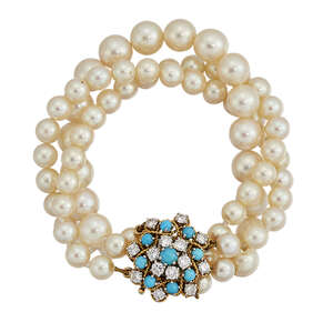 
	
		A diamond, cultured pearl and turquoise bracelet, the graduated cultured pearl bracelet...
