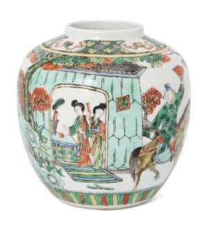 
	
		A Chinese porcelain jar, late 19th century, painted in famille verte enamels depicting a...