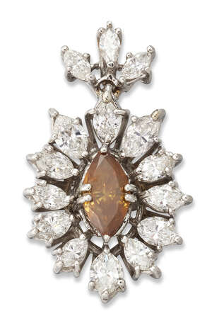 
	
		A coloured diamond and diamond cluster pendant, the central marquise-cut brownish yellow...