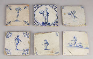 
	
		A collection of six Dutch tin glazed earthenware tiles, 17th/18th century, mostly with...