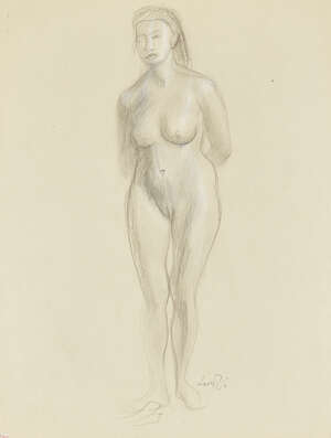 
	
		Leon Underwood,
		British 1890-1975-
		 
		Standing nude with hands behind...