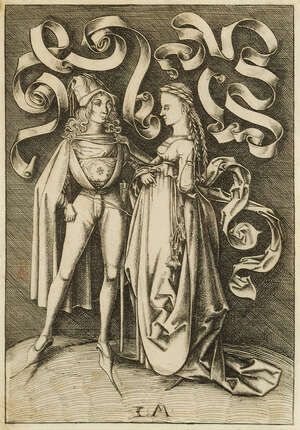 After Israhel van Meckenem, 
		German c.1445-1503/17- 
		 
		Der Ritter und seine Schöne (the Knight and the Lady), c.1496; 
		 
		copper engraving on 