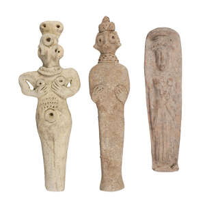 
	
		A Roman terracotta votive figure, modelled with her hand over her stomach, wearing a long...