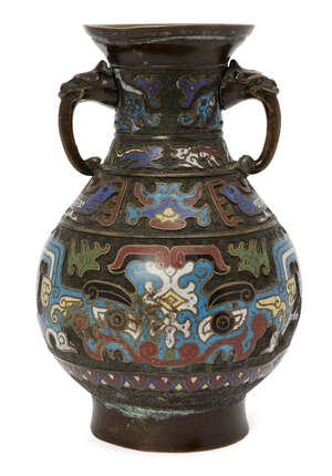 
	
		A Chinese archaistic bronze and champlevé enamel vase, hu, 19th century, decorated to the...
