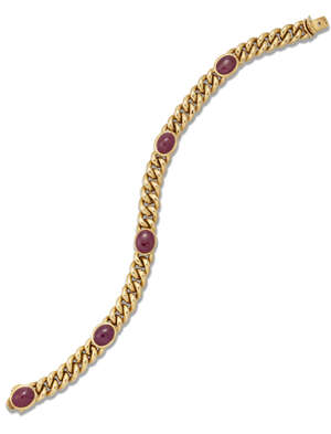 
	
		A ruby set flexible bracelet, of curb-link design, the bracelet set with five collet-set...