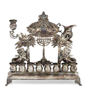 
	
		A modern Israeli Hanukkah lamp in the antique style, by Hazorfim, stamped 925, the...