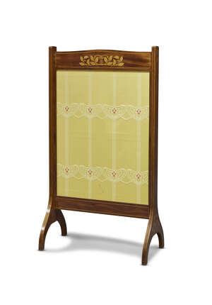 
	
		Art Nouveau Mahogany inlaid screen with embroidered panel
		c. 1900
		The sides inlaid...
