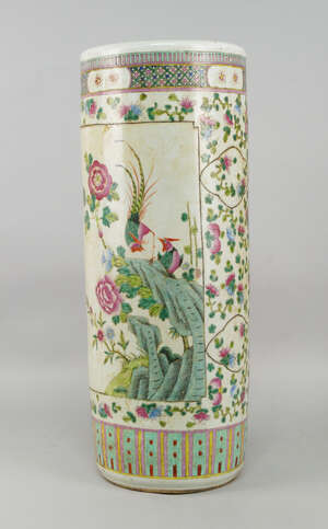 
	
		A Chinese porcelain cylindrical stick stand, 20th century, painted with panels of birds...