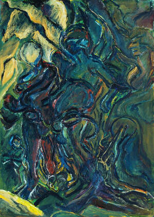 Sylvia Harris, British 1920-2012- Untitled (figures); oil on canvas, 106.5x75.5cm: together with another oil on board by the same artist, depicting an interior