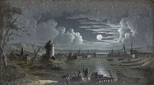 Attributed to Charles Claude Delaye, 
French 1793-1848- 
 
Moonlit river scene with windmill;...