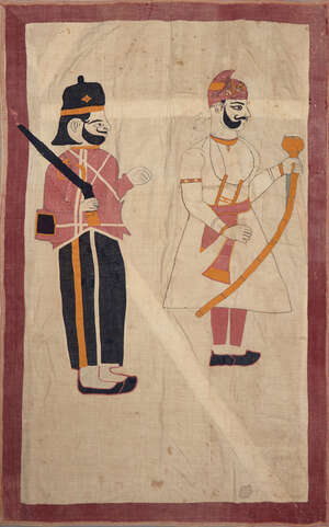 
	
		A cotton applique and embroidered tent panel, depicting a Sikh officer and a nobleman,...