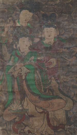 
	
		19th century Chinese School, large mixed media on canvas, hanging scroll, study of three...