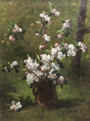 
	
		Eugène Petit, 
		French 1839-1886- 
		 
		Flowers in a pot in a garden setting;...