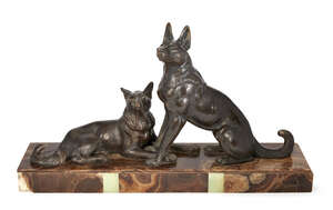 
	
		An Art Deco Cold-painted spelter 'Alsatian' Group, c.1930, apparently unsigned
		Cast as...