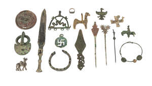 A group of antiquities, Caucasus, 7th-1st century BC., comprising a Luristan dagger, bronze bracelet with discs and bead, bronze figure on a horse, a bronze op
