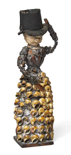 
	
		A Folk Art model of a lady, possibly West Indian, 19th century, applied with shells, with...