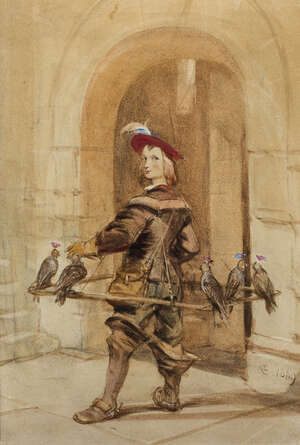 
	
		George Cattermole, RWS, 
		 
		British 1800-1868- 
		 
		The bird seller; 
		 
		