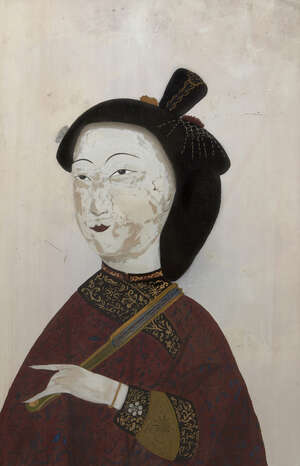 
	
		A Chinese reverse glass mirror painting, late 19th century, depicting a lady holding a...