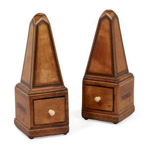 
	
		An unusual pair of George III small satinwood obelisk spice boxes, Compasto and Fuimus,...