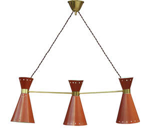 
	
		French, a three light pendant ceiling light, in the manner of Pierre Guariche    
		