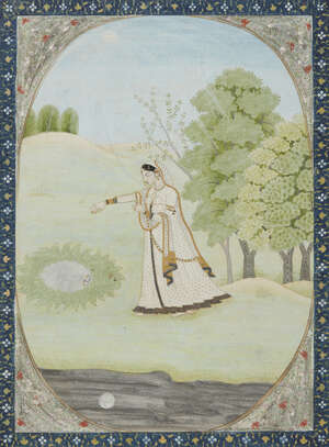 
	
		An illustration to a Nayika series: Vipralabdha Nayika, Kangra, North India, circa 1830,...