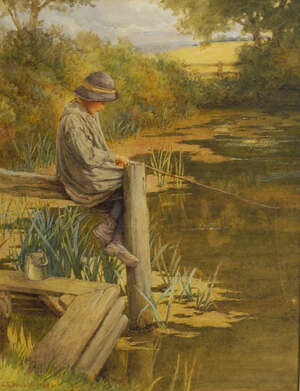 
	
		Charles Edward Wilson, 
		British 1854-1941- 
		Boy fishing; 
		watercolour, signed...
