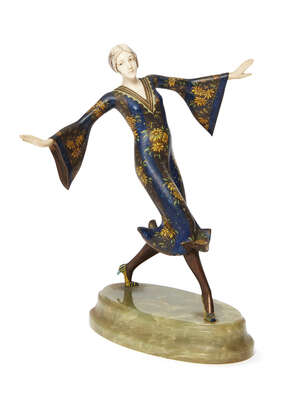 
	
		Theodore Ullmann Attributed, an Art Deco cold-painted bronze and ivory figure on an onyx...