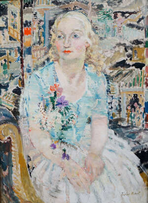 RTO Margaret Fisher Prout ARA, 
		British 1875-1963- 
		 
		Portrait of Mrs West; 
		 
		oil on board, signed, 83.7x60.7cm (ARR) 
		 
		Exhibited: Ne