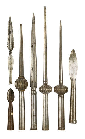 A group of steel spear heads of various sizes, India, 17th-18th century, three with ribbed knops and faceted shafts, some inscribed, longest 40.5cm.  (7)
		 