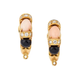 Gabriel Shine. A pair of 18ct gold coral, onyx and diamond earclips, designed as alternating...