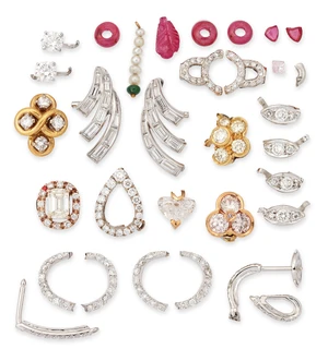 A group of diamond set jewellery components,&nbsp;including: two baguette-cut diamond set spray...
