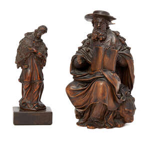
	
		A carved wood model of St Jerome, 19th century, depicted seated on a lion in cardinal's...