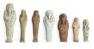 
	
		Six Egyptian glazed faience shabtis
		Third Intermediate-Late Period, 1070-332 B.C.
		