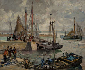 
	
		Paul Morchain, 
		French 1876-1939 - 
		 
		Thonniers au quai - Matin, Douarnenez;...