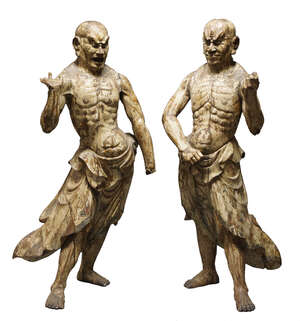 
	
		A pair of large Japanese carved wood Nio Temple Guardian figures (Agyō & Ungyō), early...