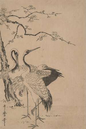 
	
		Kitagawa Utamaro, Japanese 1753-1806, three cranes, woodblock print in colours, signed 